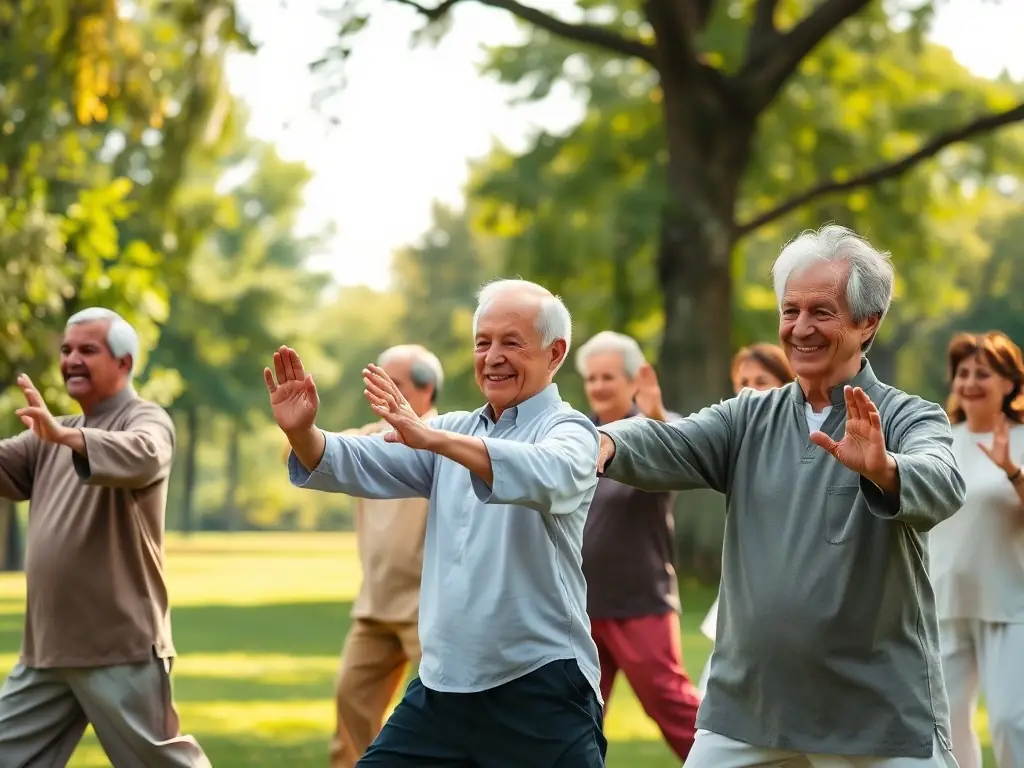 An image of a diverse group of people smiling and interacting during a Tai Chi class, highlighting the sense of community and emotional well-being fostered by the practice.