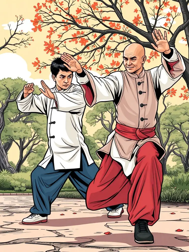 A dynamic image of advanced Tai Chi practitioners demonstrating complex forms, highlighting the depth and artistry of the practice.