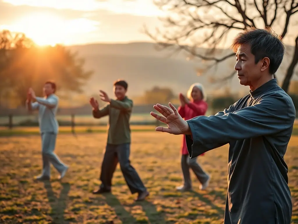 A serene image of a group of people practicing Tai Chi in a park at sunrise, focusing on their balanced postures and peaceful expressions, symbolizing improved balance and mindfulness.