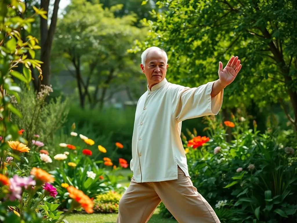 A serene image of a group of people practicing Tai Chi in a park at sunrise, focusing on their graceful movements and peaceful expressions.