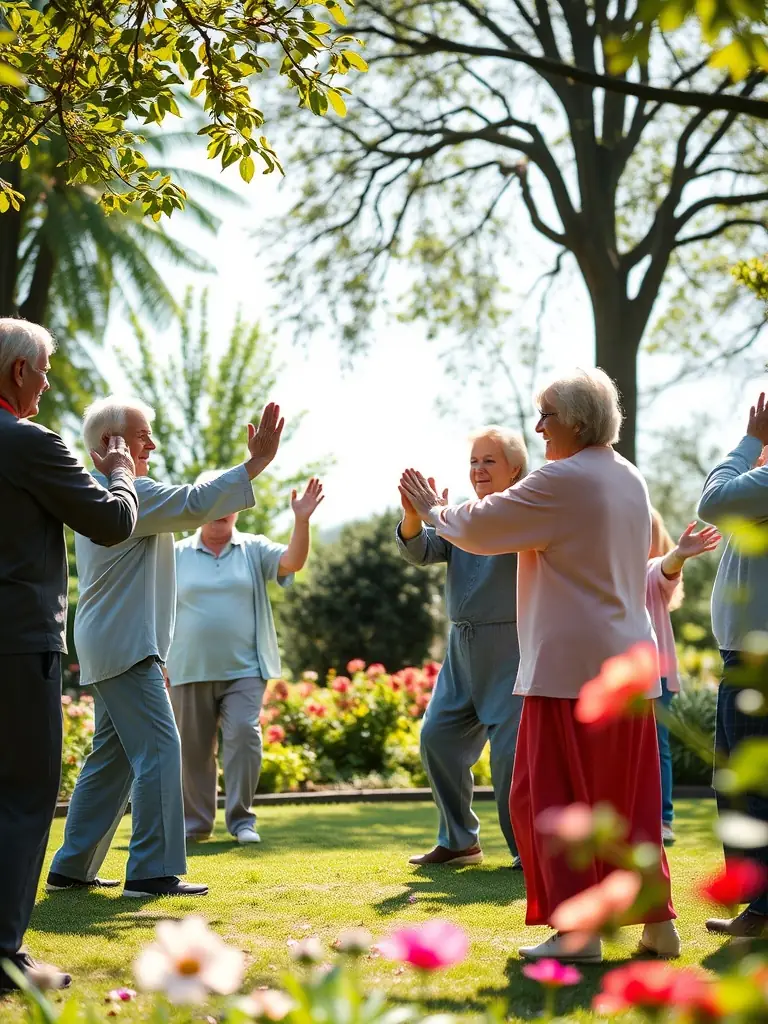 A photo of a group of seniors participating in a gentle Tai Chi session, showcasing the accessibility and health benefits for older adults.