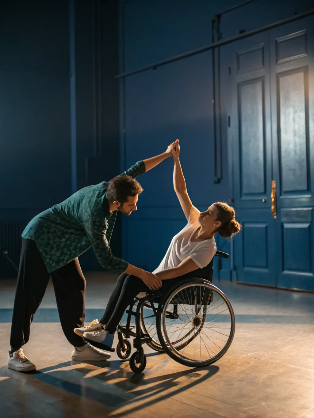 A person with a disability participating in a Tai Chi class, supported by an instructor, highlighting the adaptability and inclusivity of Tai Chi for all abilities.