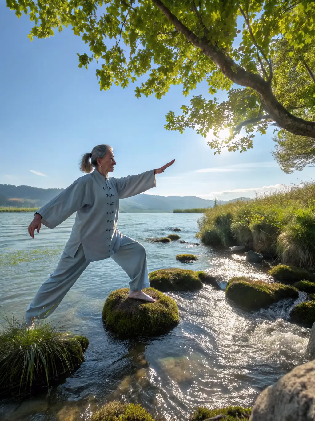 A serene image of an elderly woman gracefully performing Tai Chi in a park, sunlight filtering through the trees, emphasizing the accessibility and gentle nature of the practice.