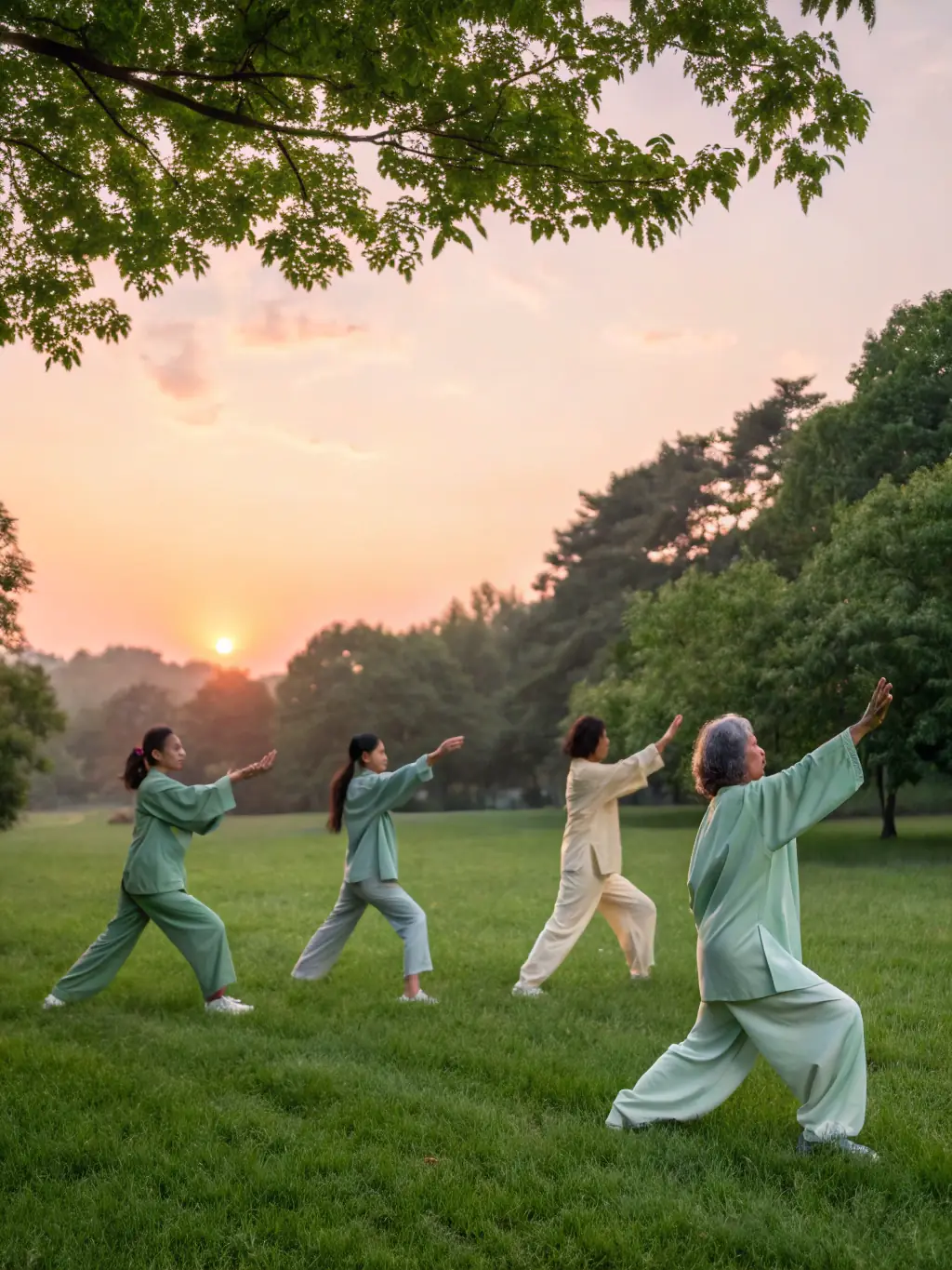 A serene image of individuals practicing Tai Chi in a park at sunrise, emphasizing the harmony and balance of the movements.