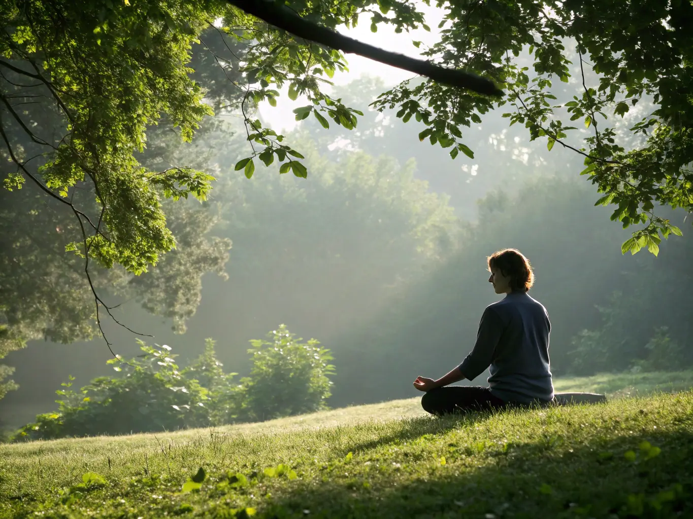 A calming image of a person meditating outdoors, with soft, diffused lighting, representing stress reduction and mental clarity through Tai Chi practice.