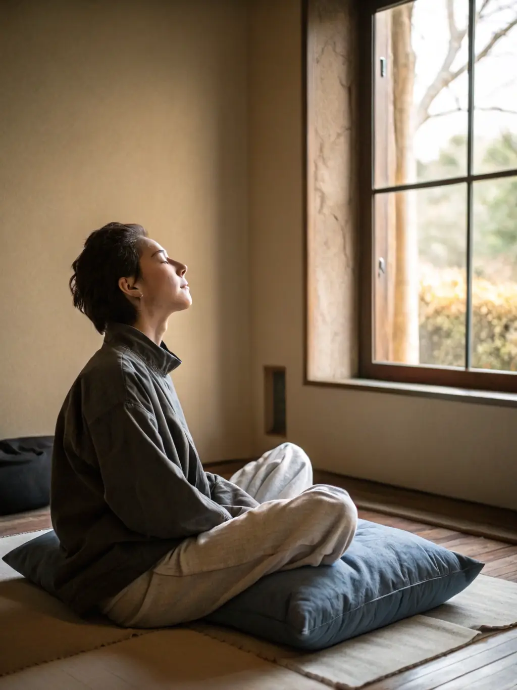 A person meditating in a quiet space, eyes closed, with soft, natural light enhancing the sense of calm and focus, representing the mental benefits of Tai Chi.