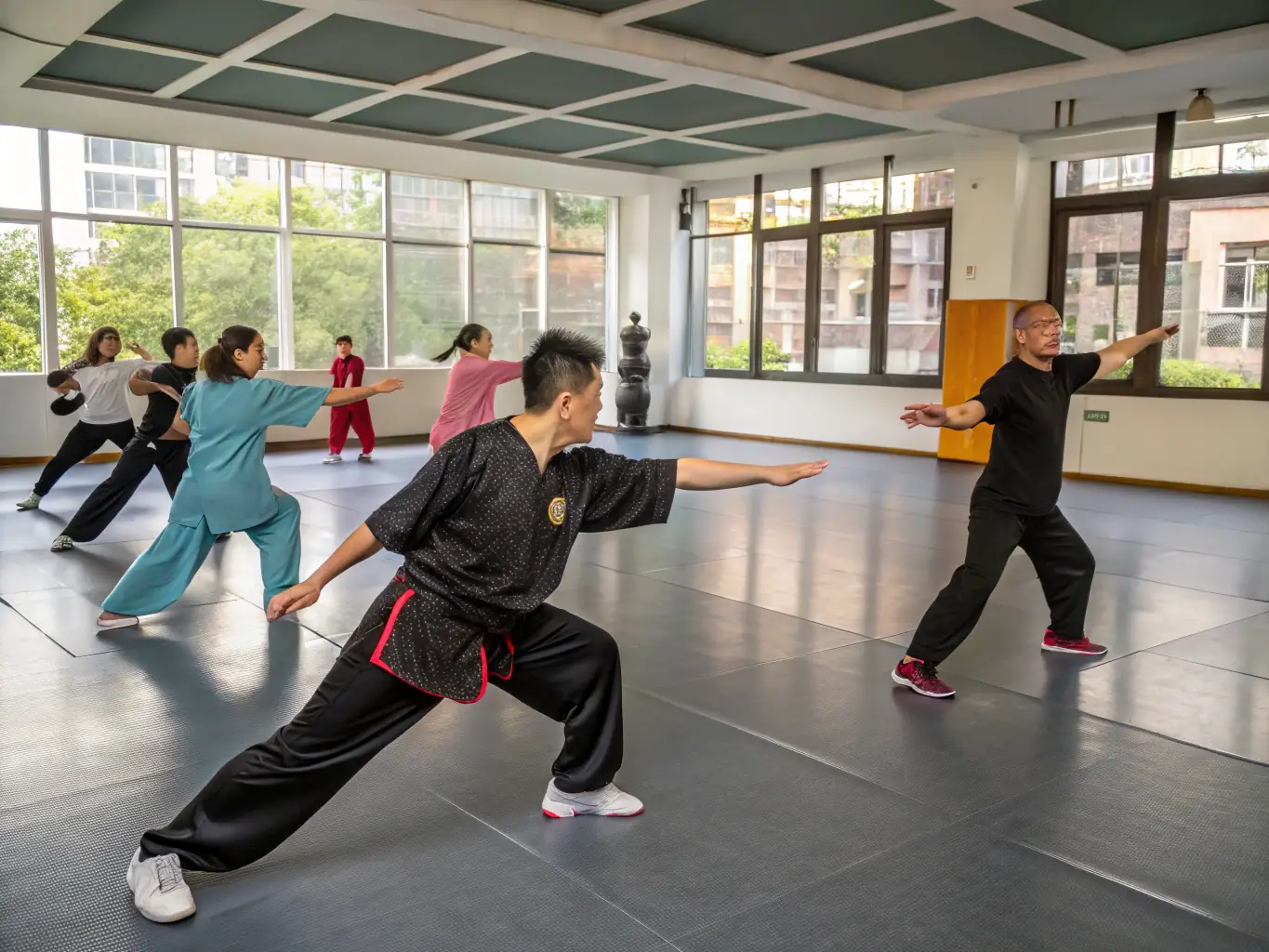 A dynamic image of practitioners engaged in a sword form, showcasing the precision and focus required in advanced Tai Chi practice.