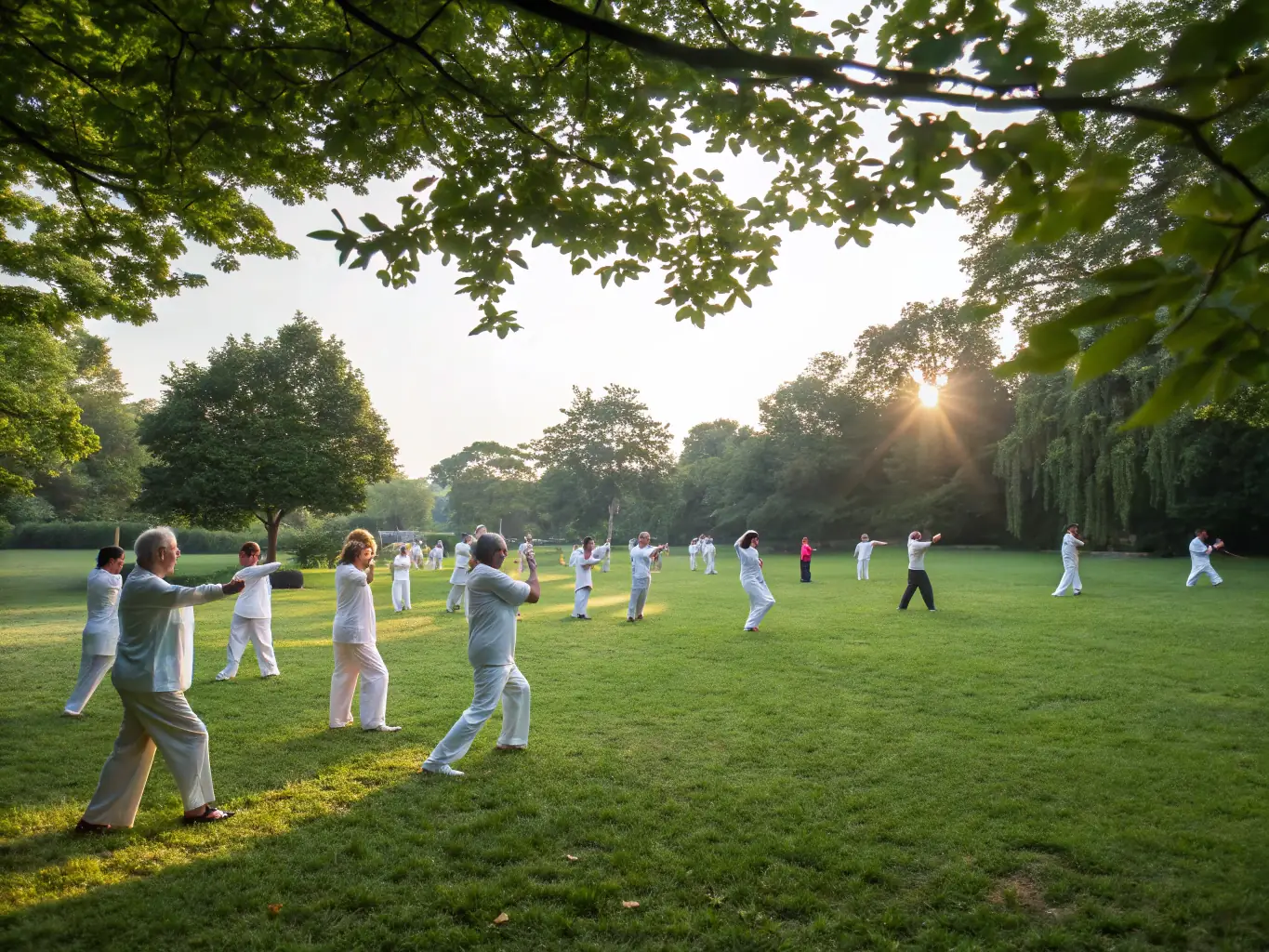 A group of people practicing Qigong in a studio, emphasizing the meditative and health-promoting aspects of the practice.